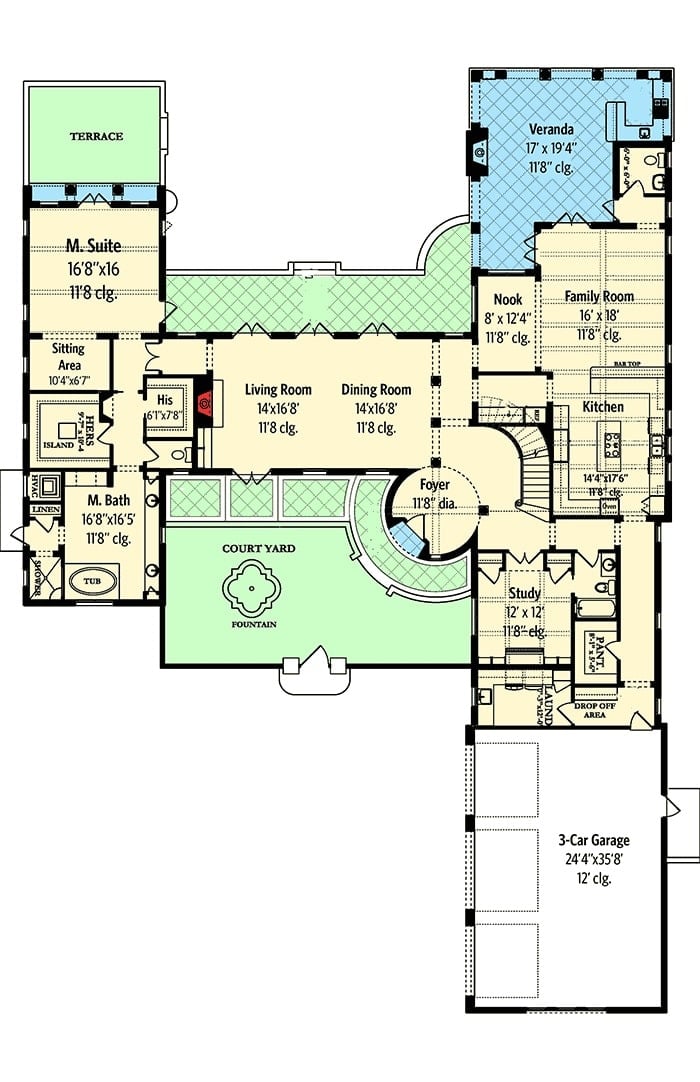Main level floor plan of a two-story 4-bedroom Tuscan home with a large courtyard, circular foyer, a study, kitchen, family room, shared dining and living room, and a primary suite with a private terrace.