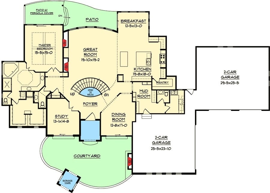 Main level floor plan of a two-story 5-bedroom Tuscan home with an entrance tower, a courtyard, great room, formal dining room, kitchen with walk-in pantry and a breakfast nook, study, and a primary suite that opens to the rear patio with a pergola cover.