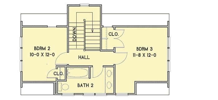Second level floor plan with a hall and two bedrooms sharing a bath.