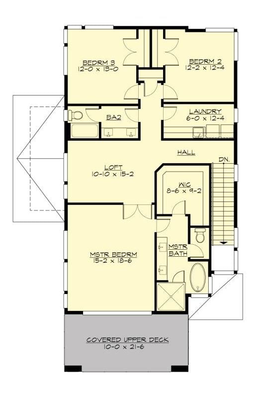 Upper level floor plan with a loft, laundry room, two bedrooms, and a primary suite with a private deck.
