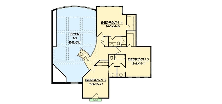 Second level floor plan with three bedrooms and a loft overlooking the great room below.