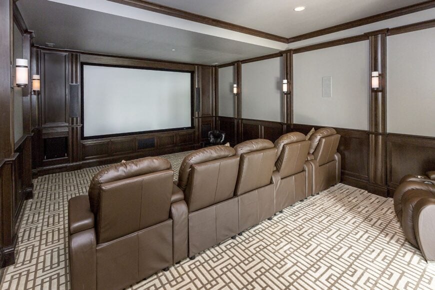Home theater with brown leather recliners over a patterned carpet flooring along with wooden paneled walls lit by glass sconces.