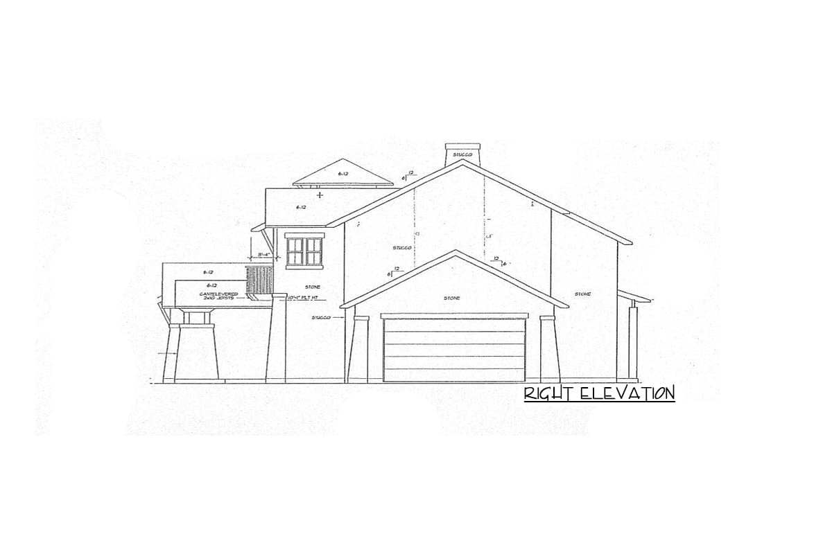 Right elevation sketch of the two-story 4-bedroom courtyard cottage.