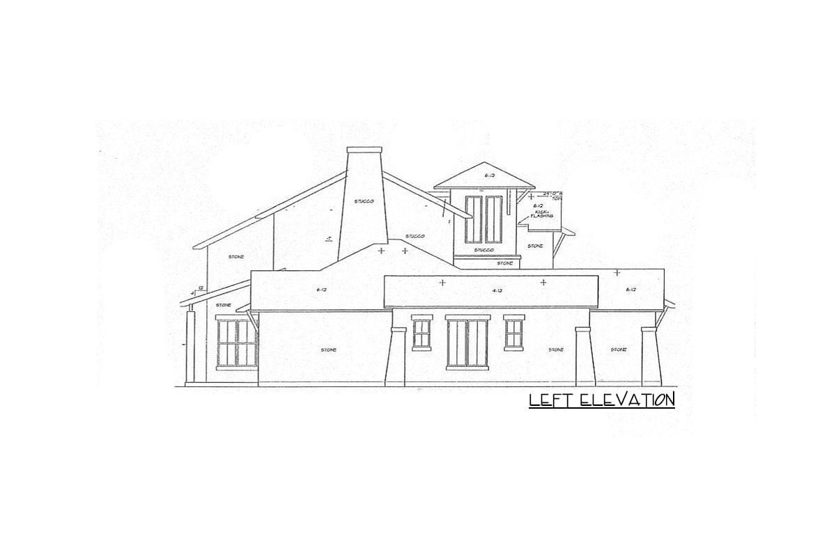 Left elevation sketch of the two-story 4-bedroom courtyard cottage.