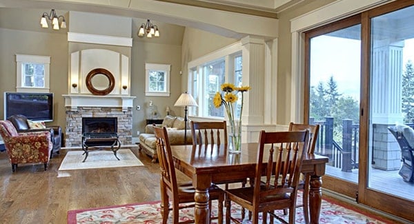 A great view of the living room from the kitchen and breakfast nook.