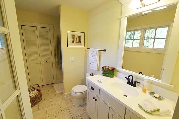 This bathroom is equipped with a toilet and a white sink vanity fitted with contrasting wrought iron fixtures.