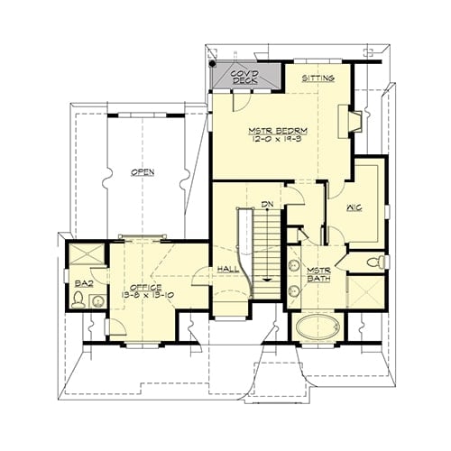 Upper level floor plan with office and a primary suite complete with a sitting area and a private deck.