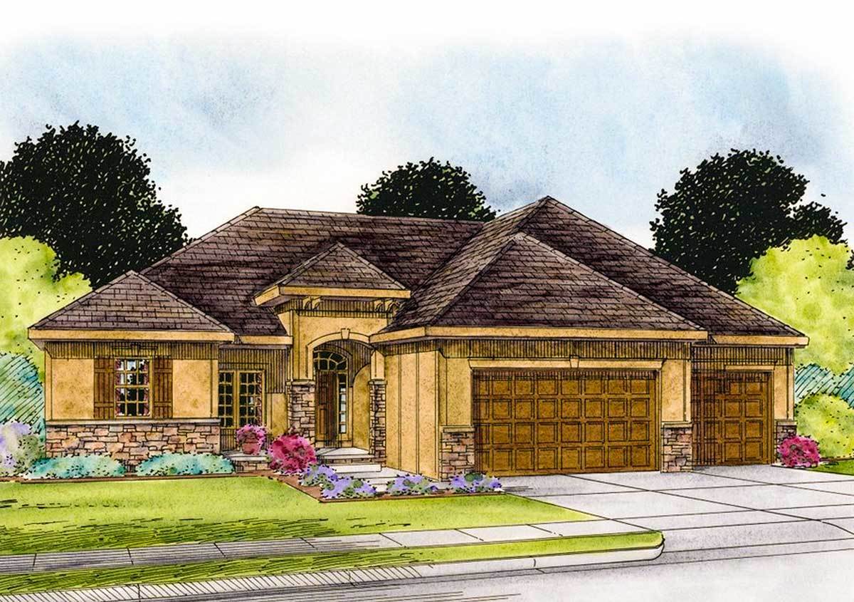Front perspective sketch of the 3-bedroom single-story prairie home.