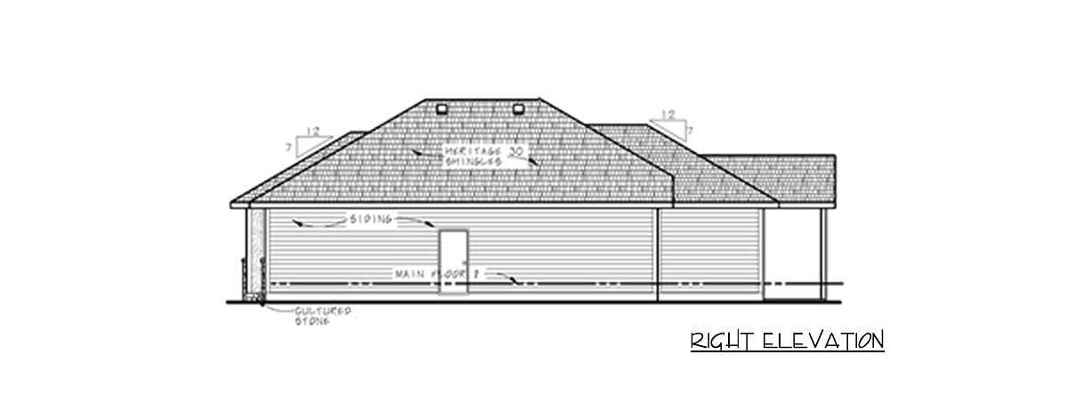 Right elevation sketch of the 3-bedroom single-story prairie home.