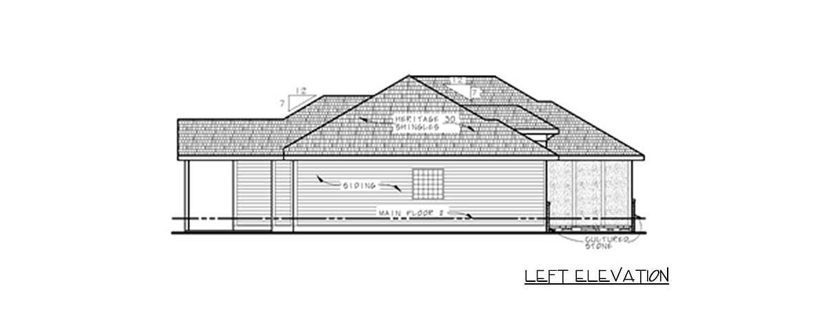 Left elevation sketch of the 3-bedroom single-story prairie home.