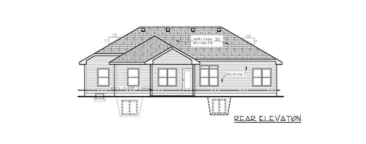 Rear elevation sketch of the 3-bedroom single-story prairie home.
