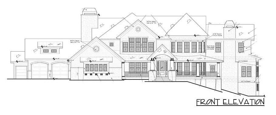 Front elevation sketch of the 4-bedroom two-story grand shingle-style home.