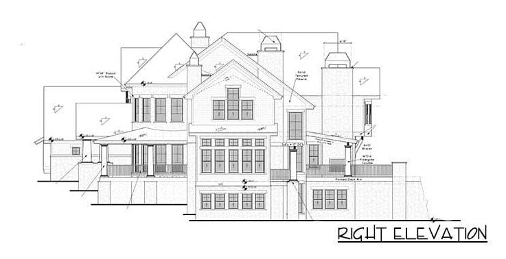 Right elevation sketch of the 4-bedroom two-story grand shingle-style home.