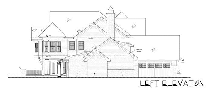 Left elevation sketch of the 4-bedroom two-story grand shingle-style home.