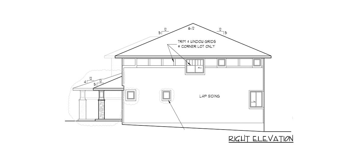 Right elevation sketch of the 4-bedroom two-story modern prairie home.