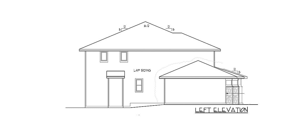 Left elevation sketch of the 4-bedroom two-story modern prairie home.