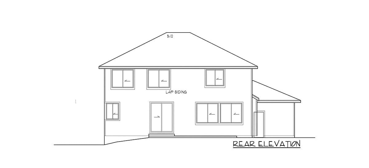 Rear elevation sketch of the 4-bedroom two-story modern prairie home.