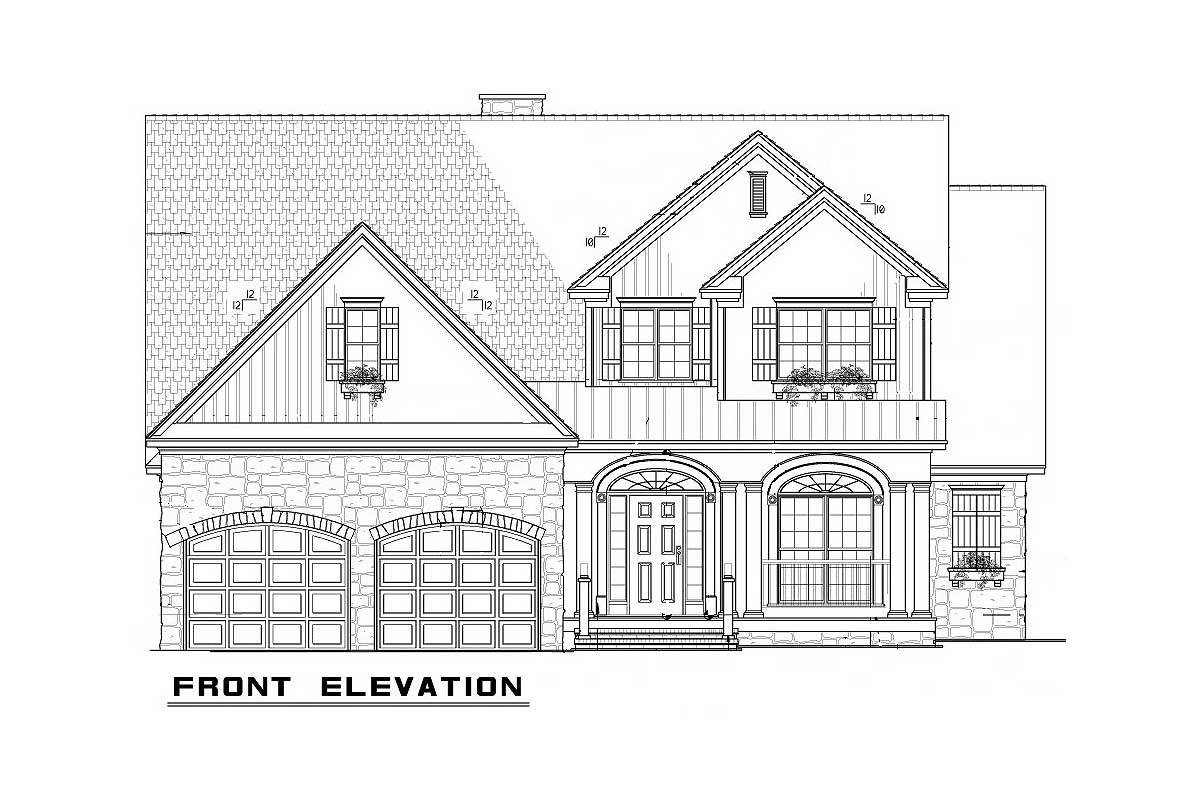 Front elevation sketch of the 4-bedroom two-story traditional home.