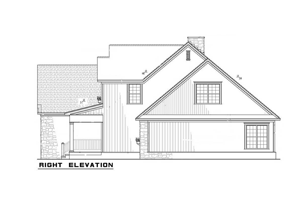 Right elevation sketch of the 4-bedroom two-story traditional home.