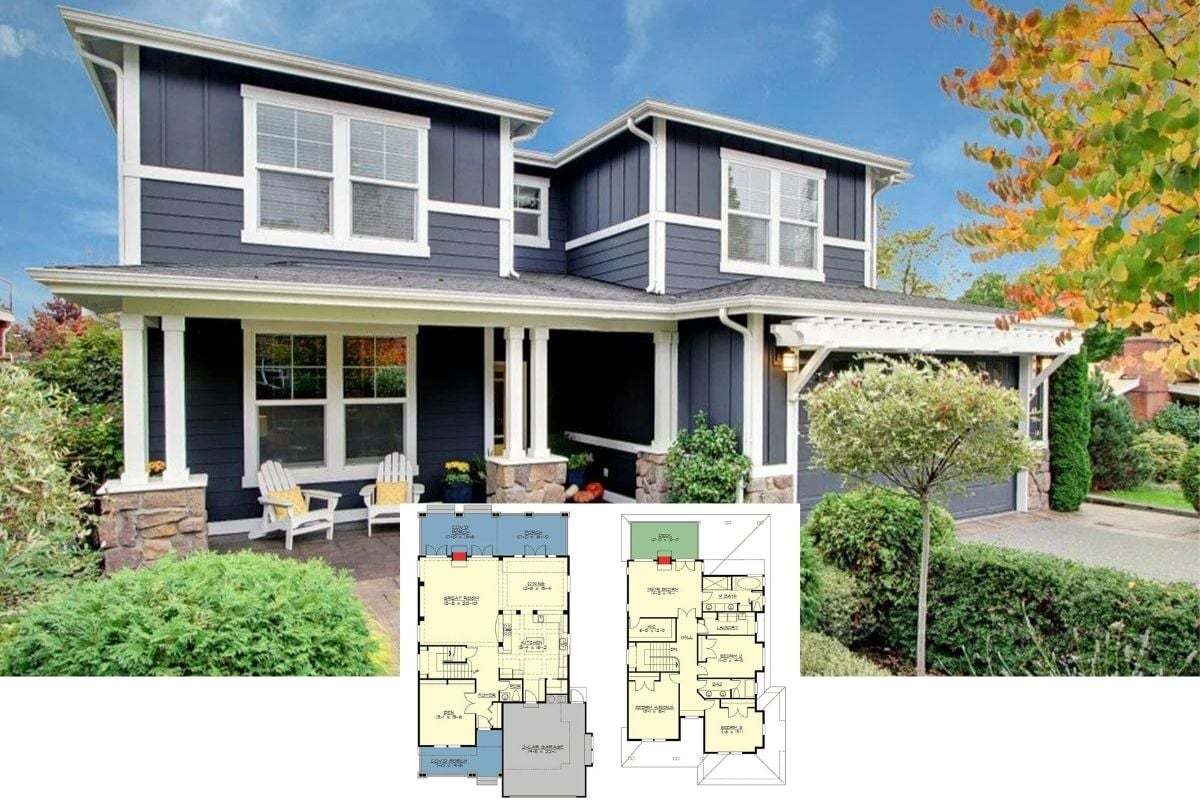 Tour this Handsome 4-Bedroom Prairie Home with All Four Bedrooms Are on the Second Floor (2D Floor Plan Drawings)