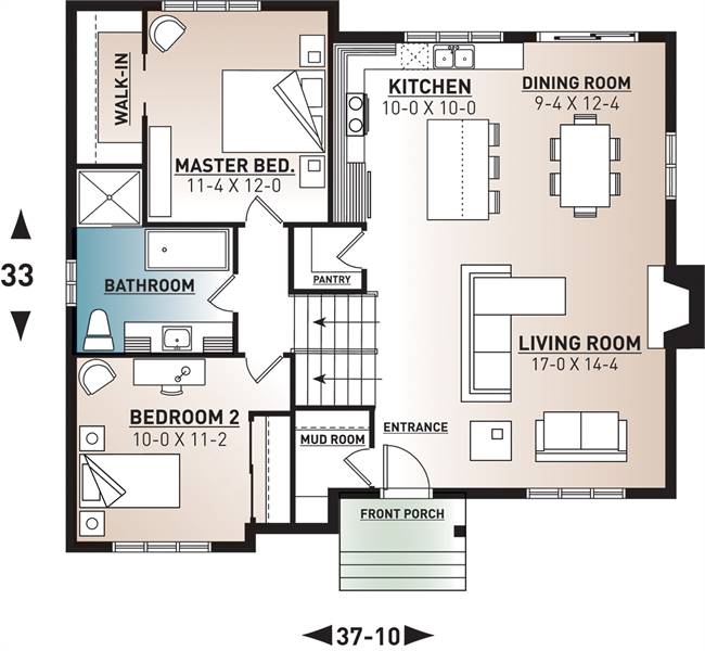 Main level floor plan of a 3-bedroom Scandinavian single-story Ramsay home with living room, dining area, kitchen, mudroom, and two bedrooms sharing a bath.