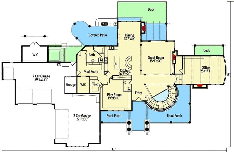 Main level floor plan of a 4-bedroom two-story grand shingle style home with front porch, great room, office with private deck, kitchen, dining area, playroom, and mudroom that opens out to the L-shaped garage.