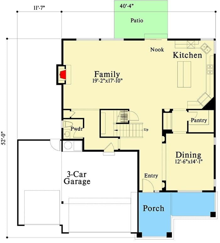 Main level floor plan of a 4-bedroom two-story modern prairie home with a front porch, foyer, formal dining room, family room, and a kitchen with a walk-in pantry and a breakfast nook.