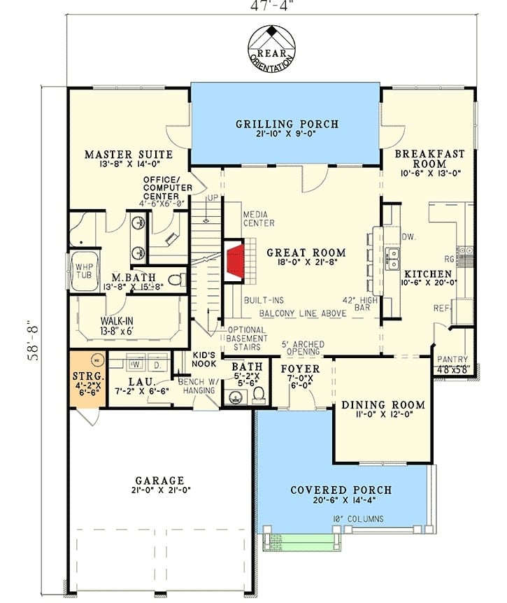 Main level floor plan of a 4-bedroom two-story traditional home with covered front porch, great room, formal dining room, kitchen, breakfast room, laundry, and a primary bath with grilling porch access.