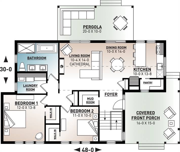Main level floor plan of a single-story 2-bedroom Bergen Scandinavian home with a large covered front porch, a mudroom. living room, dining area, kitchen, pergola, two bedrooms, a full bath, and a laundry room.