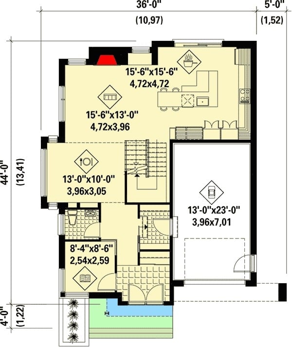 Main level floor plan of a two-story 3-bedroom prairie style home with a single garage, mudroom, study, dining room, living room, and kitchen.