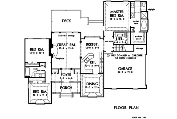 Main level floor plan of a single-story 3-bedroom traditional style The Hampton home with front porch, great room, kitchen b=with breakfast nook, formal dining room, three bedrooms, and a large rear deck.