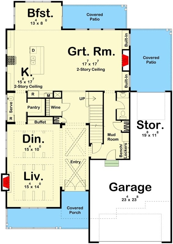 Main level floor plan of a two-story 3-bedroom modern home with covered front and back porches, living room, dining area, beamed entryway, kitchen, great room, breakfast nook, wine, cellar, and a garage with storage space.