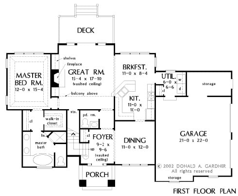 Main level floor plan of a two-story 3-bedroom traditional style The Luxembourg home with formal dining room, kitchen with breakfast nook, utility, primary bedroom, and a great room that opens out to the rear deck.