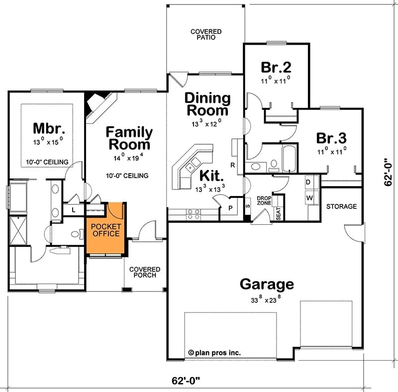Main level floor plan with slab and crawlspace version.