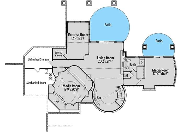 Optional lower level floor plan with media rooms, living room, exercise room, sauna/shower room, and a couple of circular patios.