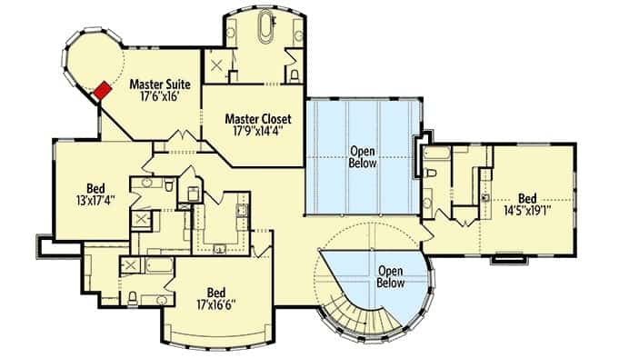 Second level floor plan with four bedrooms including the primary bedroom.