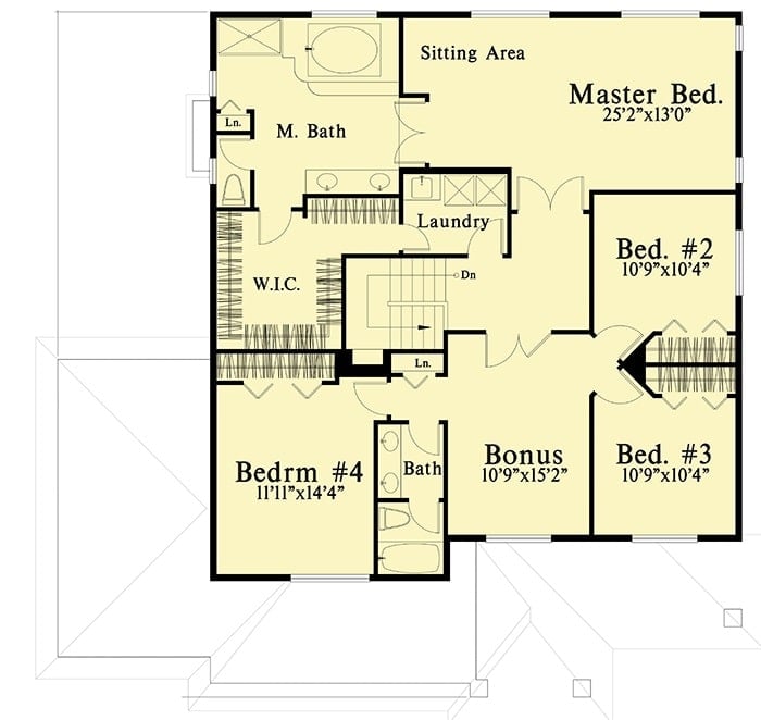 Second level floor plan with four bedrooms, a laundry room, and a spacious bonus room.