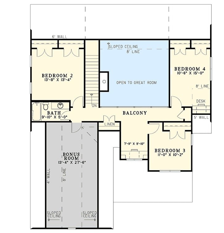 Second level floor plan with three bedrooms, a large bonus room, and a balcony that looks down the great room.