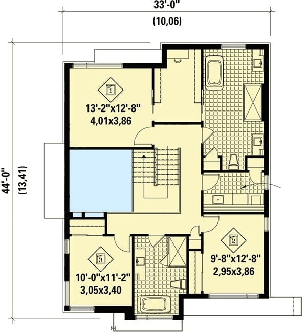 Second level floor plan with three bedrooms including the primary bedroom.