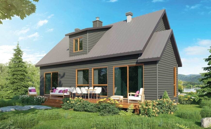 An alternate rear exterior showcasing horizontal lap siding, a sleek dormer, and ridge turrets on top of the gable roof.