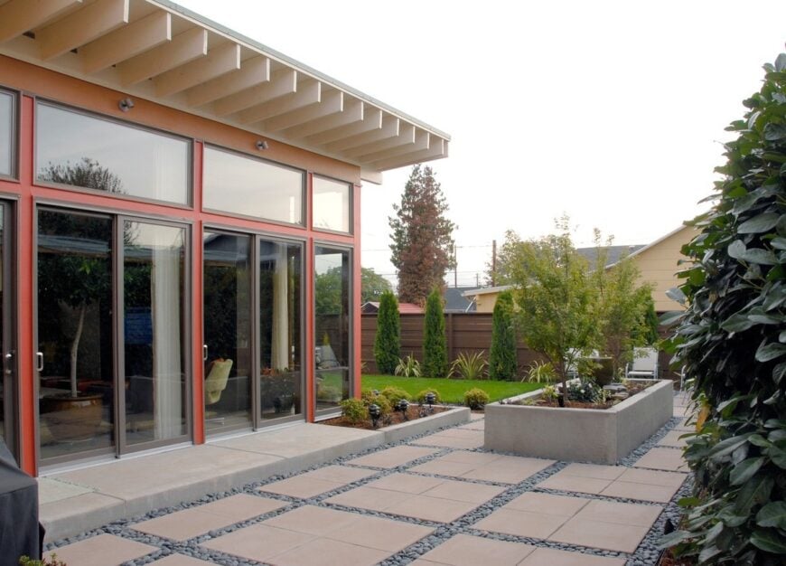 The opposite side view shows the glass sliding doors that open to the home's living room.