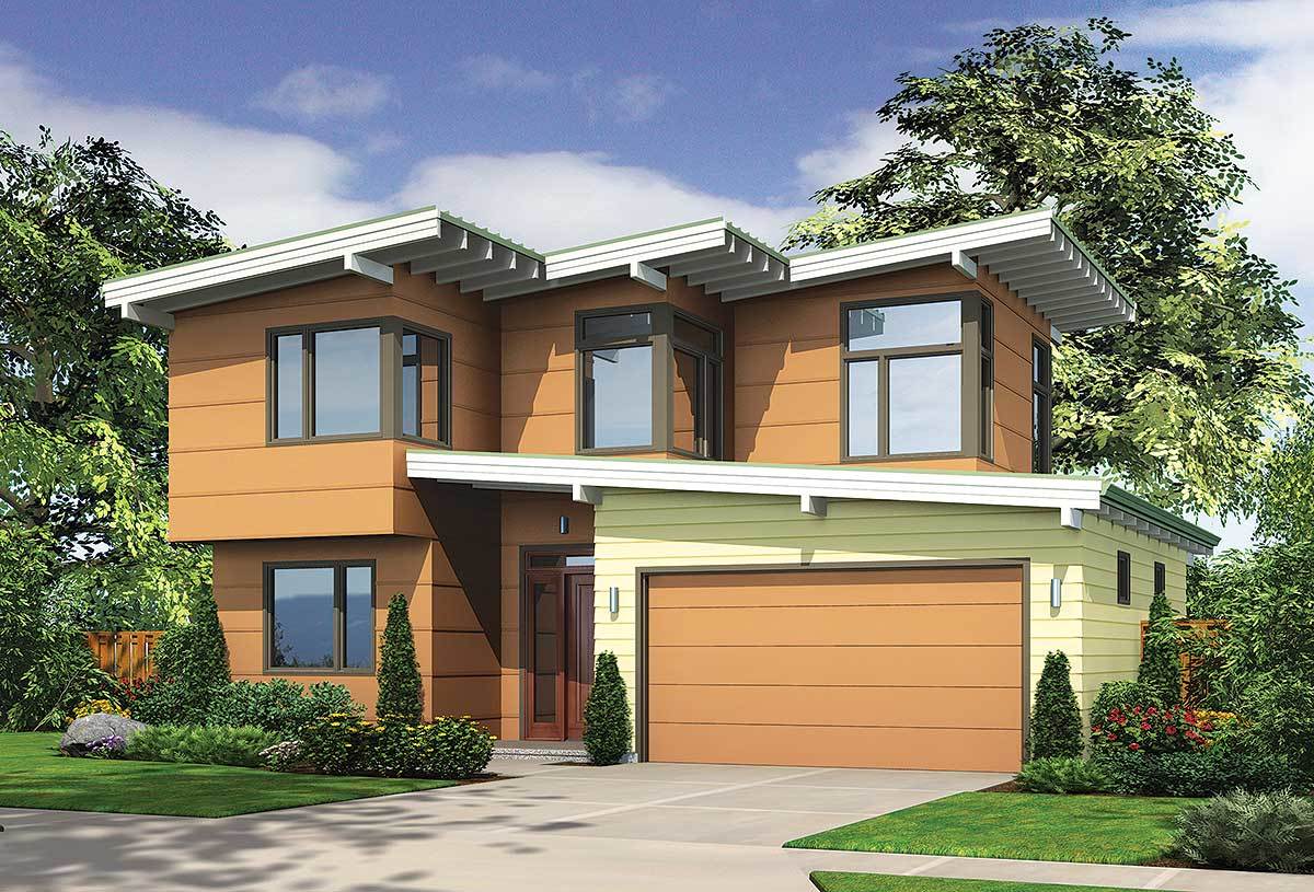 Front rendering of the two-story 2-bedroom mid-century modern home.