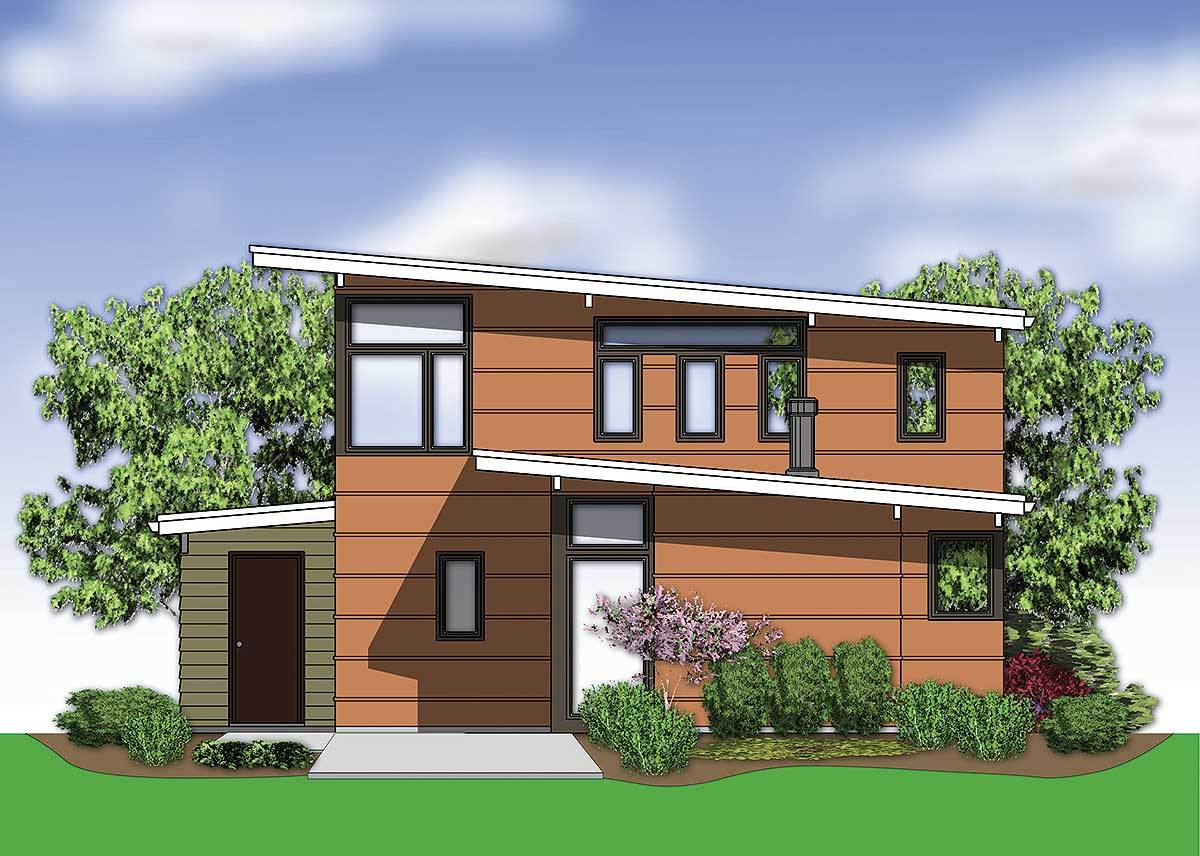 Rear rendering of the two-story 2-bedroom mid-century modern home.