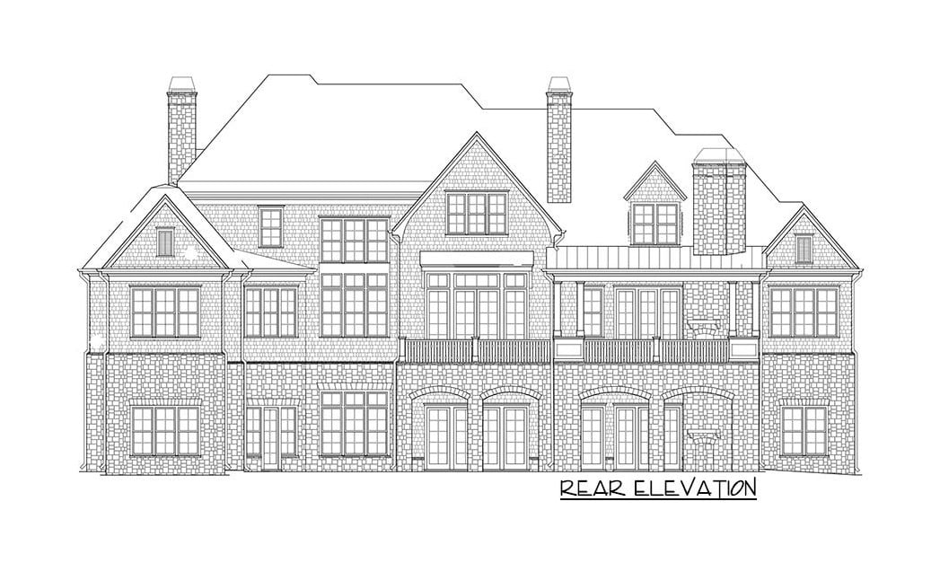 Rear elevation sketch of the two-story 4-bedroom shingle-style home.