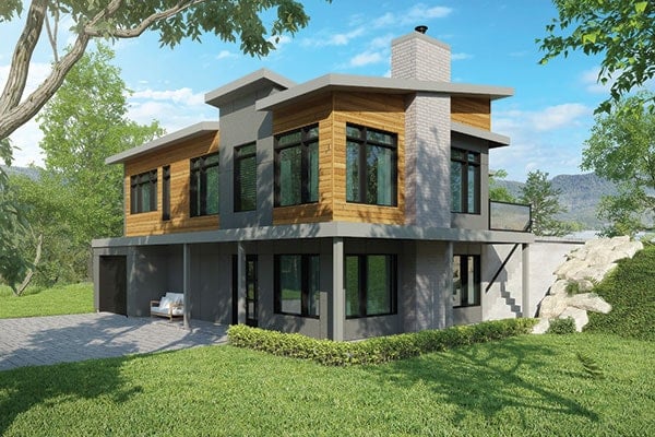 Main level floor plan of a two-story modern 4-bedroom Laeticia home with living room, dining area, kitchen, and two bedrooms sharing a full bath.