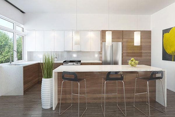 White and wooden cabinets, granite countertops, and a center island lined with metal bar stools complete the kitchen.