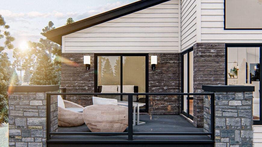The upper deck enclosed in glass railings has round seats and outdoor sconces flanking the sliding glass door.
