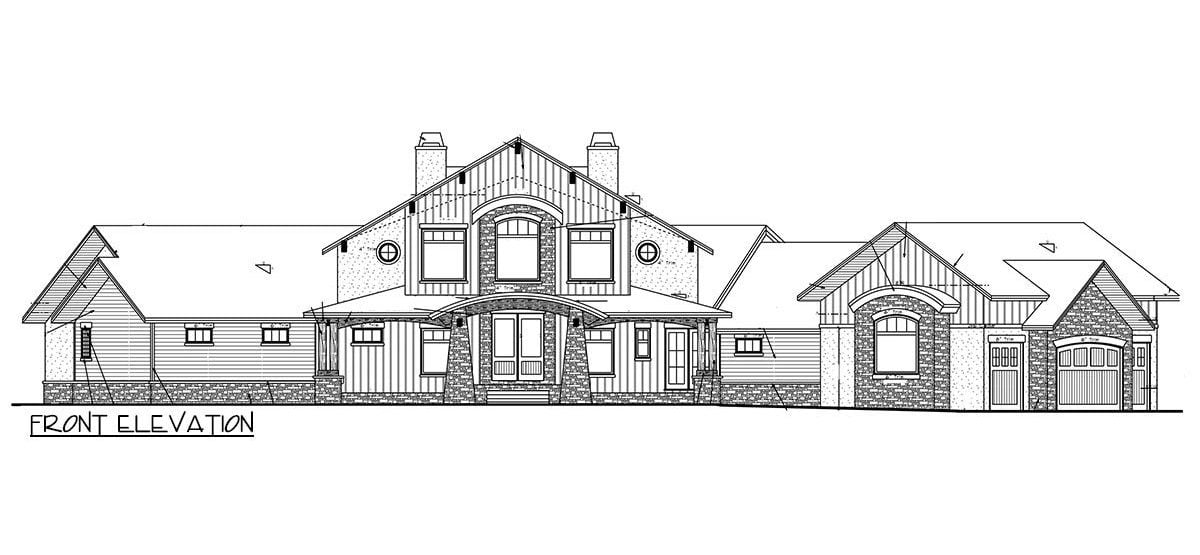 Front elevation sketch of the 3-bedroom single-story mountain home.