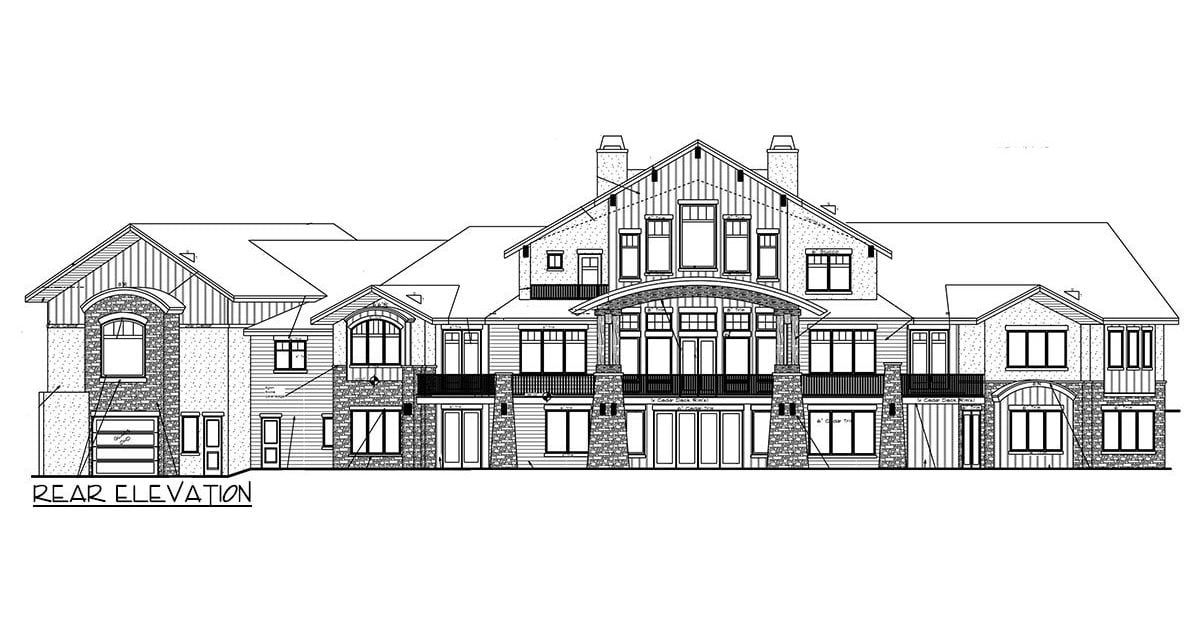 Rear elevation sketch of the 3-bedroom single-story mountain home.