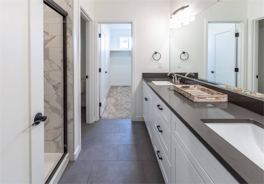 Primary bathroom with a dual sink vanity, shower area, toilet room, and a walk-in closet.